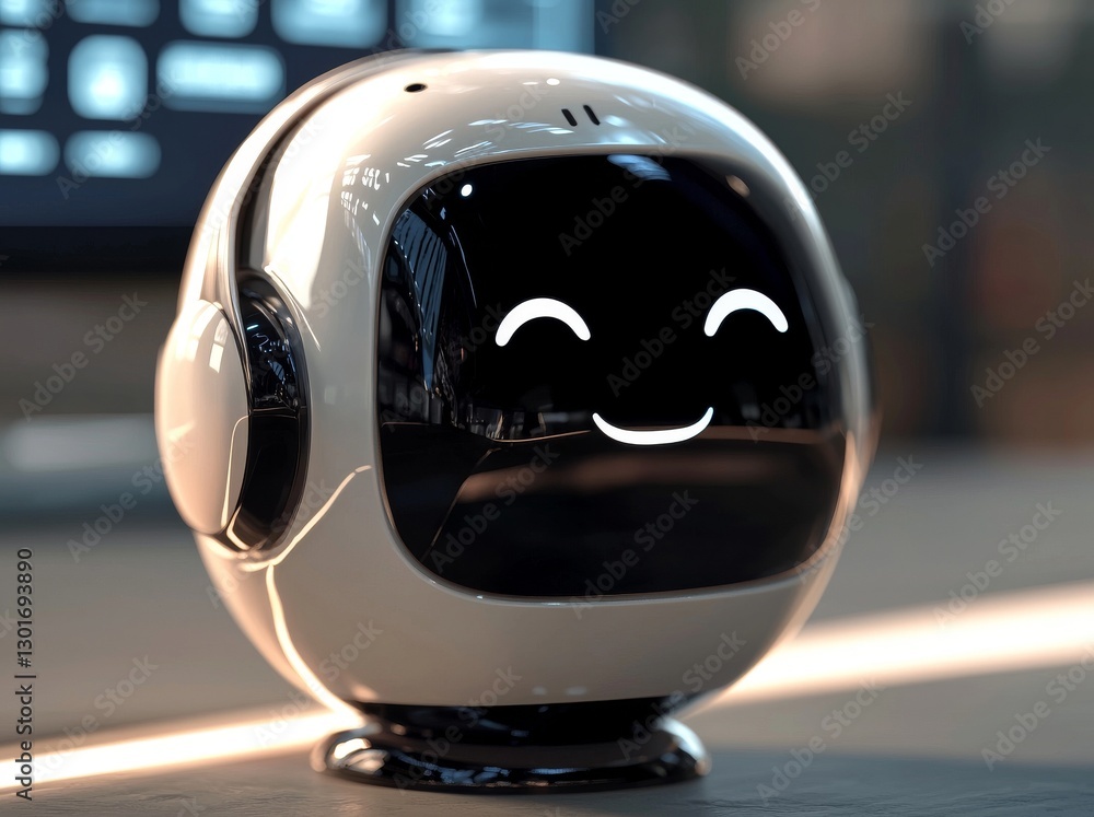 Poster a futuristic virtual assistant interface illustration features a friendly 3d robot face with a speec