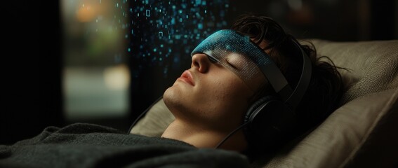 In a state-of-the-art neuroscience facility, a male patient wears a headset to undergo brain mapping using NSMS, aiming to enhance cognition via tailored learning and memory retrieval