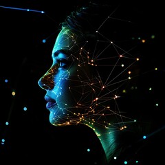 Digital face filled with vibrant neural network flow