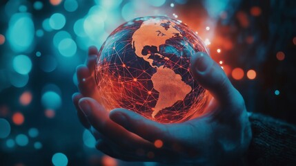 Hands holding a glowing 3D globe with digital connections, representing global business and innovation