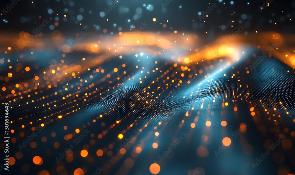 Poster abstract digital network with glowing particles and wavy surface of data transfer