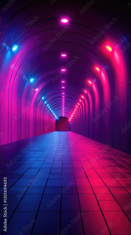 Poster vibrant illuminated tunnel with colorful lights leading to a dark end, creating a surreal atmosphere