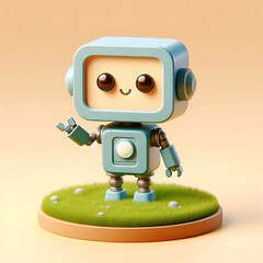 Fototapeta premium Adorable 3D Robot Character: Cute and Playful Cartoon on Green Grass - Digital Art Innovation