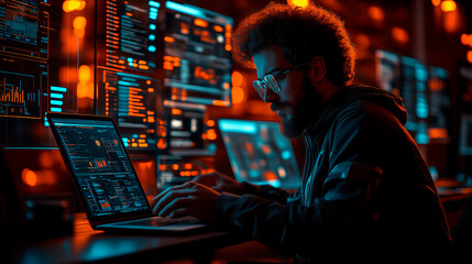 Fototapeta premium A high-tech entrepreneur working in a cyber-infused office 