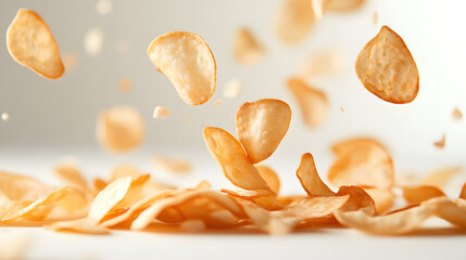 Fototapeta premium Crispy potato chips falling on white background, closeup view