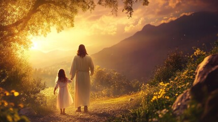 Jesus leading a young girl toward radiant light in a peaceful and serene environment