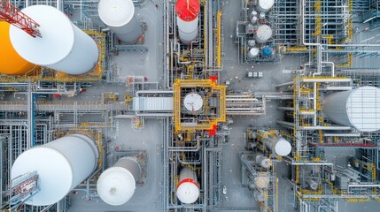 Aerial view of a sprawling modern fuel refinery complex with numerous large cylindrical storage tanks criss crossing pipelines and other industrial equipment and infrastructure