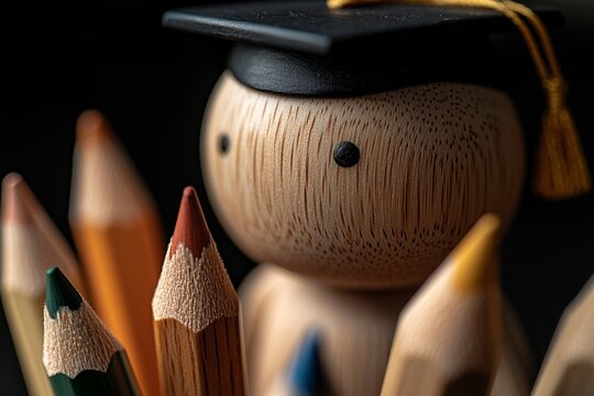 The idea of going back to school features individuals signing a wooden board with a graduation cap, alongside a blurred pencil box, symbolizing unconventional ways of learning and studying for