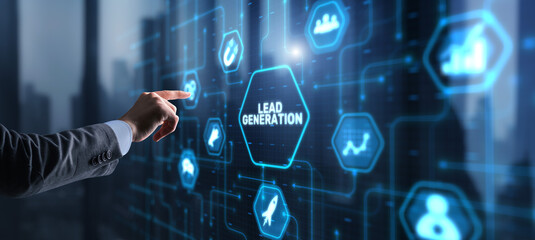 Businessman presses a button on the virtual screen: Lead generation