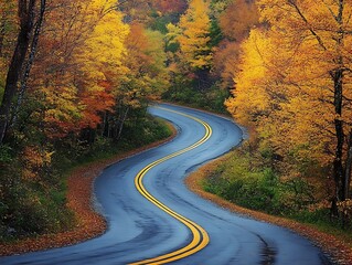 Autumn Road Driving winding path through fall trees