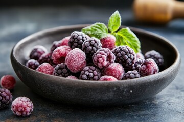 Frozen berries mix in a black bowl with mint leaves