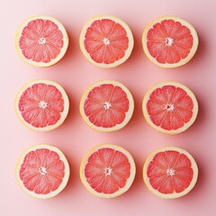 Pink grapefruit slices arranged on a pastel pink background