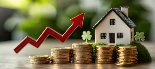 Symbolizing growth coins house model and rising investments