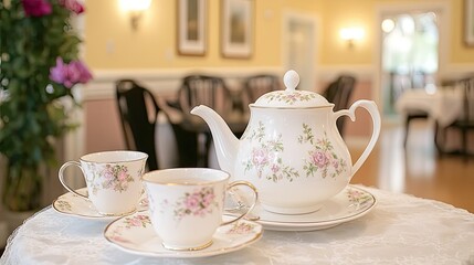 Fototapeta premium Elegant Tea Set in a Sunny Dining Room