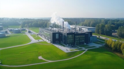 Naklejka premium Aerial view of an industrial fuel processing plant with multiple smokestacks emitting smoke surrounded by a green field and natural landscape