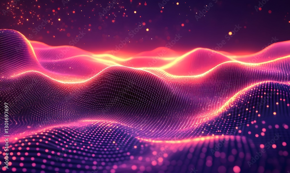 Poster abstract digital landscape with glowing waves and particles creating a dynamic scene
