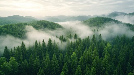 Obraz premium Misty mountain forest sunrise aerial view