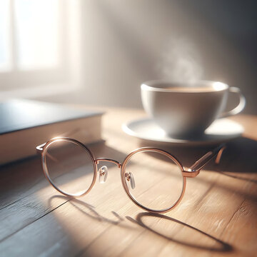 Cozy Morning Workspace with Coffee and Book: Relaxation and Focus in Sunlit Interior Design