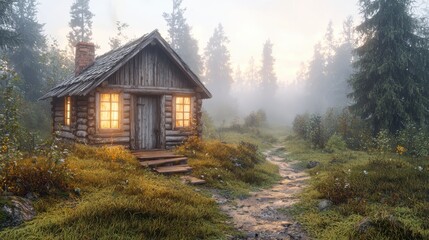 Warm Glow Of Rustic Cabin In Misty Forest