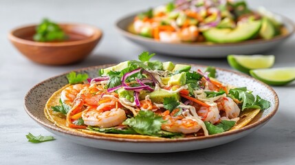 Delicious shrimp tacos with avocado, slaw, and cilantro on a plate, fresh lime slices, and a bowl of honey in the background