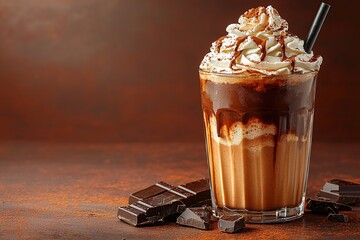 Rich chocolate milkshake topped with whipped cream and drizzled sauce, set against a warm backdrop