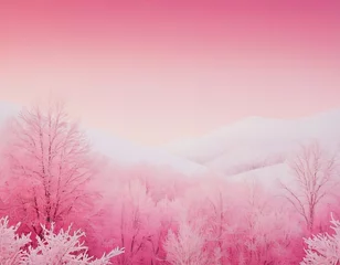 Gardinen Stunning winter landscape with frosted trees and a pastel pink sky at dawn. © Nikolay