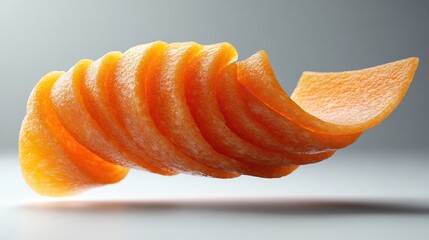 Floating, spiral-sliced, orange snack food against a neutral background