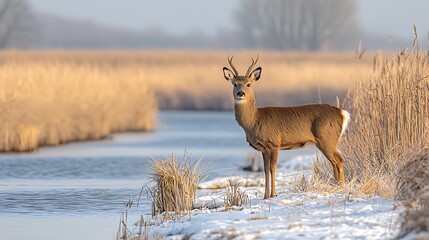 Deer standing by frozen riverbank, looking forward in natural habitat setting