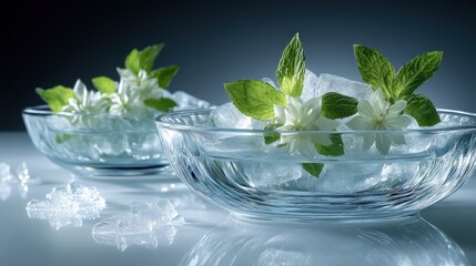 Obraz premium Floral ice cubes in glass bowls on a light surface
