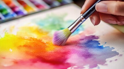 Fototapeta premium Woman Mindfully Dipping Fluffy Paintbrush into Watercolor Pigments