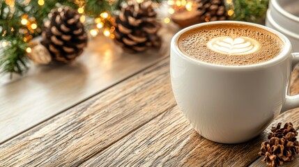 Warm Latte Art on Rustic Wooden Table with Pine Cones and String Lights