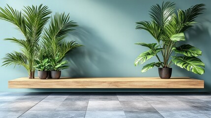Fototapeta premium Floating wooden shelf with tropical plants against teal wall