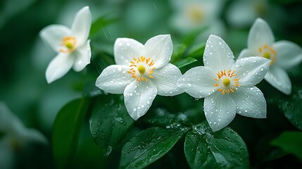 Delicate white flowers after rain