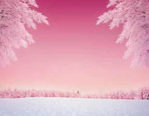 Fototapeten Winter landscape with frosted trees and a pastel pink sky at sunset. © Nikolay