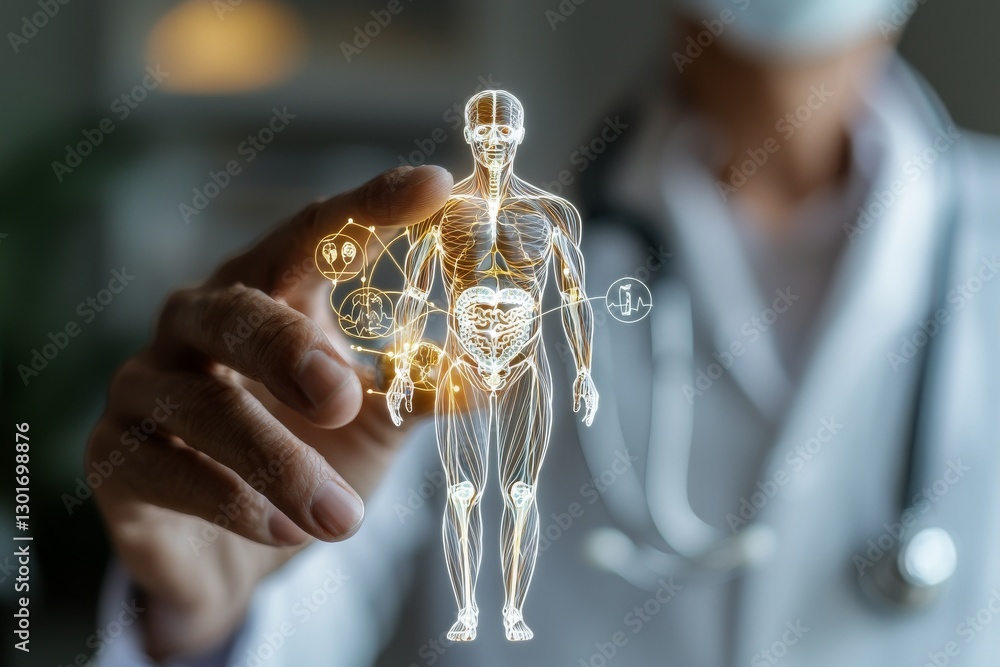 Poster the concept of a health monitoring application is depicted by a doctor using a modern computer with 