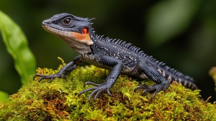 Obraz premium Forest Lizard on Moss, Alert, Rainforest Background