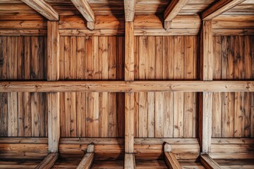 Rustic wooden ceiling with exposed beams in historic building interior architecture