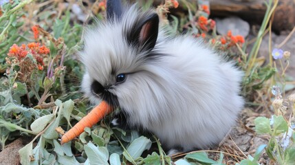 Fluffy Bunny Eats Carrot in Garden