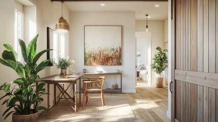 Sunlit Home Office Design:  Modern Farmhouse Style with Natural Light and Tranquil Atmosphere