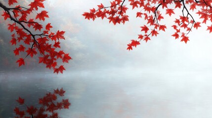 Autumn mist, red maple leaves, calm lake, serene nature scene, ideal for calendar