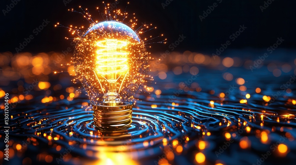 Poster an abstract image depicting a maze like pattern of glowing luminescent filaments and circuits convey