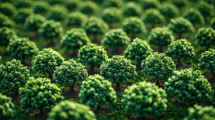 Miniature trees in rows, sunlight, potential for environmental concepts