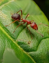 Fototapeta premium Macro shot of an ant carrying a leaf, showing the fine details of its exoskeleton and the texture of the leaf against a blurred natural background. 