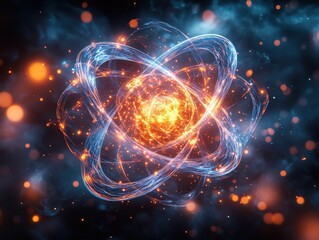 Glowing atomic structure with swirling energy orbits, representing atomic particles.