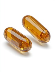 Amber capsules on a glossy surface reflecting light, showcasing a minimalistic and clean design