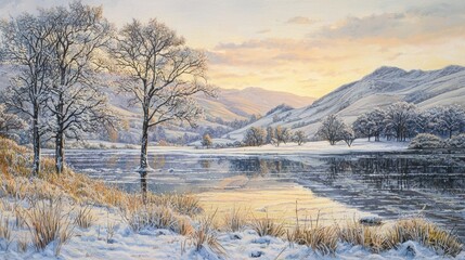 Winter sunrise over calm lake with snow-covered trees and hills reflecting in the water.