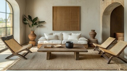 Minimalist living room with natural furniture and decor