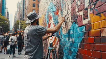 Urban street artist painting mural on city wall, onlookers
