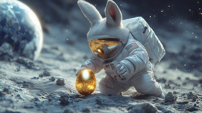 Unique astronaut bunny discovers golden egg on lunar surface during exploration