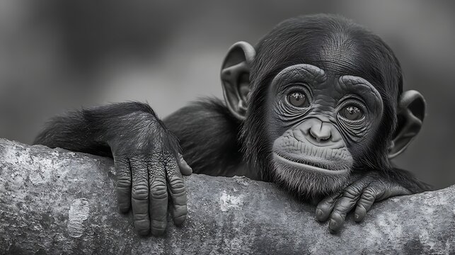 Baby Ape Resting on Tree Limb, Forest Background